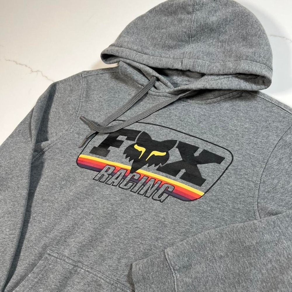 Fox Racing Hoodie Mens Small Gray Retro Graphic Logo Pullover Sweatshirt